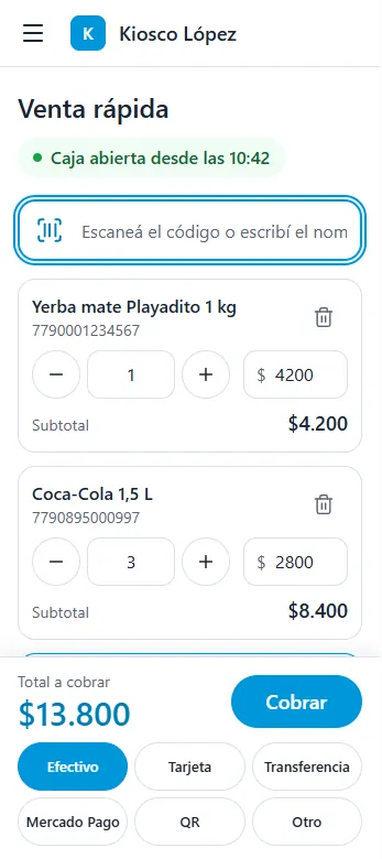Pantalla de venta rápida de Mostrador Plus en un celular, con un comercio de ejemplo